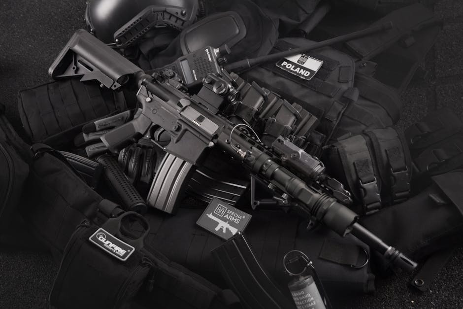 Close-up of tactical military gear including a rifle, radio, and vest on a dark background.